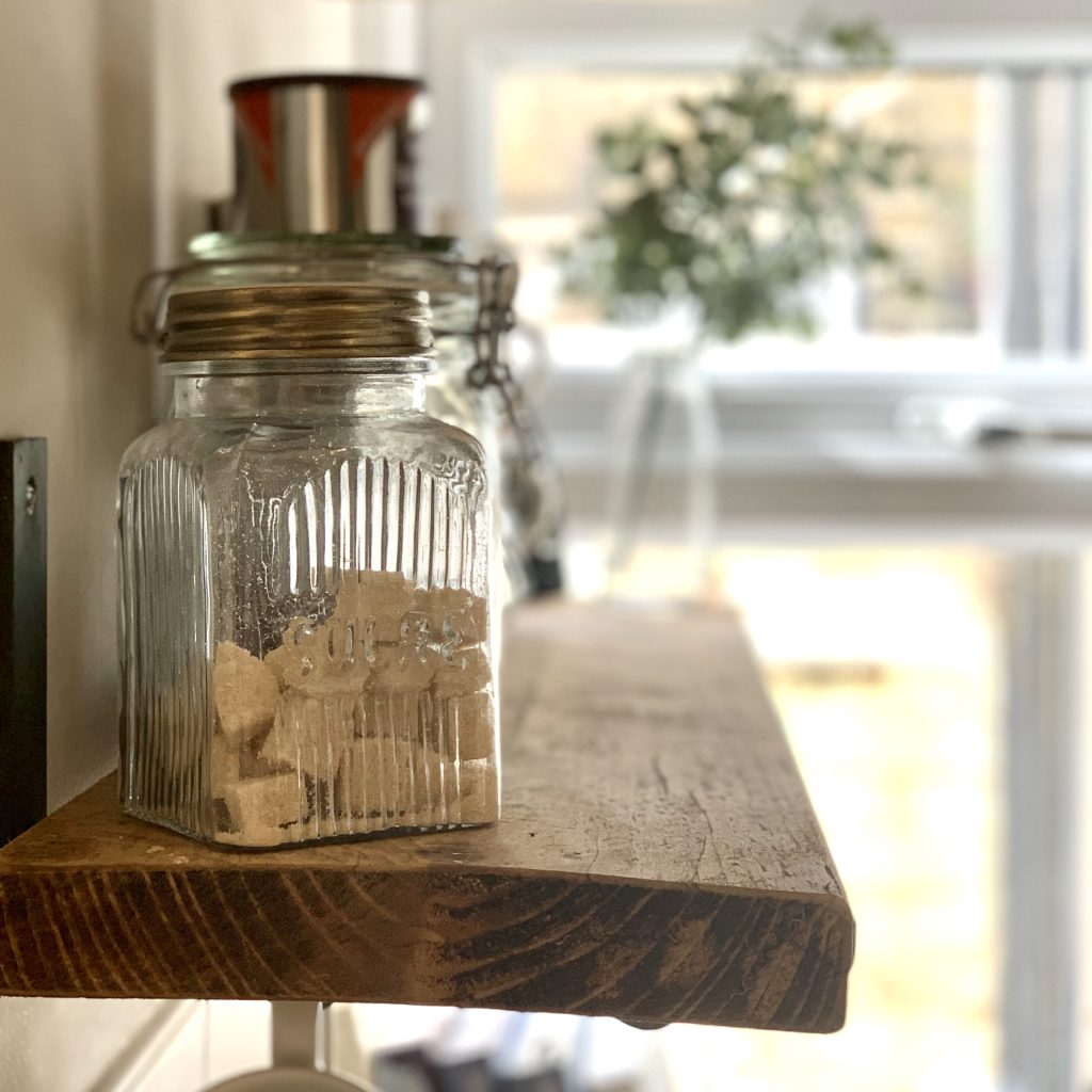 the sugar jar on the shelf in the kitchen in the house in deal, a holiday cottage to rent in Deal kent